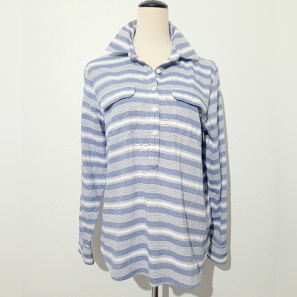 Chaps Chambray Tunic Shirt Womens Size Medium Striped 100% Cotton Button Top - Picture 2 of 11